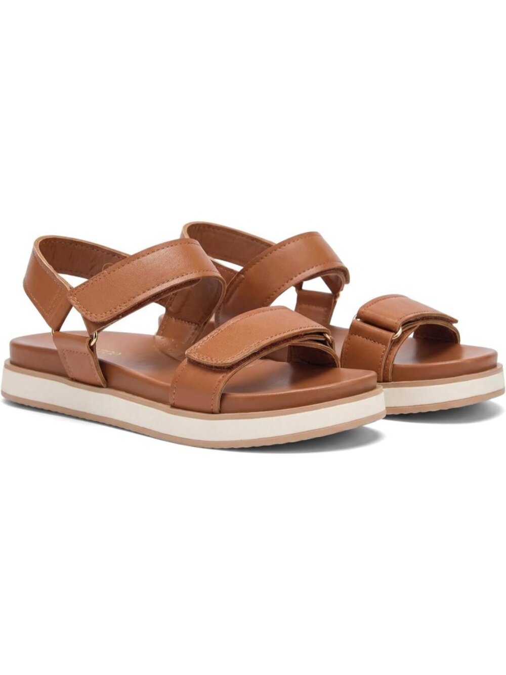 Women's Brown PU Round Toe Adjustable Strap Flat Arch Support Lightweight Sandal